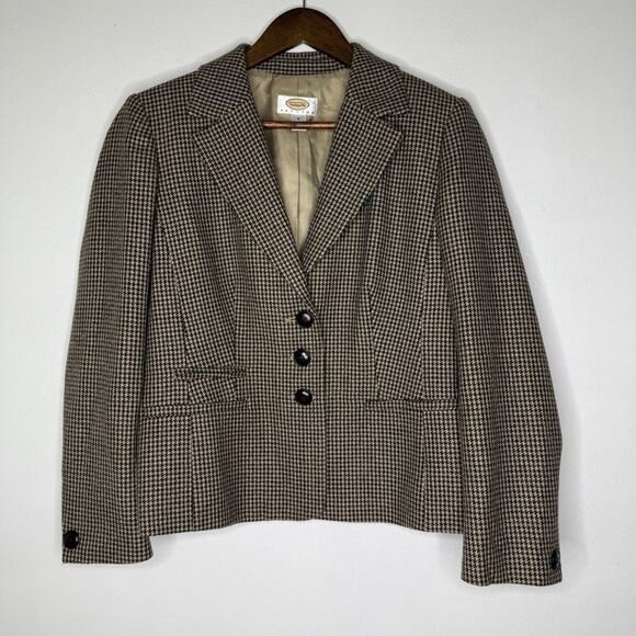 Talbots Blazer Womens 8 Brown Houndstooth Wool Petite Jacket Classic Career Coat - Picture 1 of 7